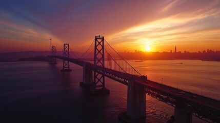 Aerial view of San Francisco-Oakland Bay Bridge during sunset, San Francisco, California, USA