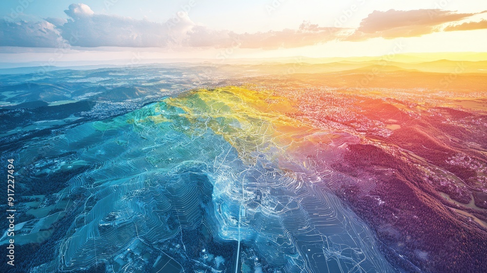 Fototapete an aerial photograph turned into a gis map, with layers of data visualized in different colors. the 