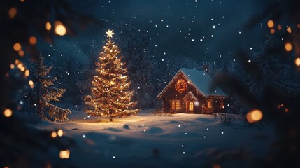 Cozy Christmas Eve: Illustrated Snowy Scene with Decorated Christmas Tree, Cabin, and Starry Sky