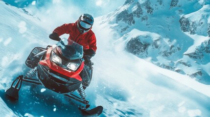 A thrilling snowmobile adventure through snowy mountains.