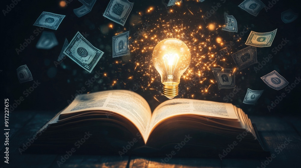 Poster an open book with a glowing light bulb rising from its pages, surrounded by floating money icons. th