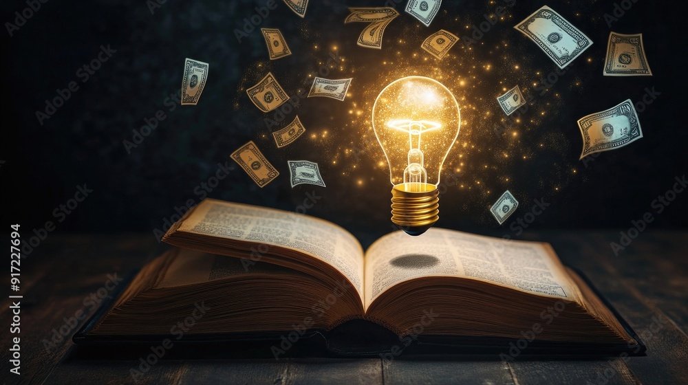 Poster an open book with a glowing light bulb rising from its pages, surrounded by floating money icons. th
