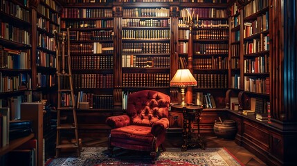  A cozy reading nook tucked away in a castle library with a plush armchair upholstered in velvet a vintage lamp casting a warm glow and towering bookshelves filled with ancient tomes 