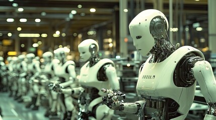 Fototapeta premium Close-up of robots and humans working side by side on a modern factory floor, with advanced technology in the background. The upper portion is blank for text.