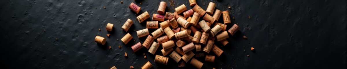 A collection of wine corks scattered on a dark surface, surrounded by crumbs and cork dust, evoking a rustic and authentic atmosphere.