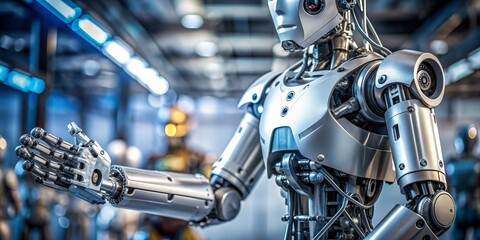 Obraz premium The Robotic Hand Reaches Out, Close-Up of a Mechanical Arm, Silver and Blue Tones, Industrial Setting, robot, automation, technology