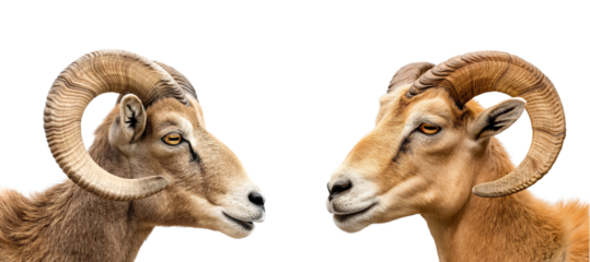 Bighorn sheep with large curled horns close up portrait photo with cutout PNG isolated on white or transparent background