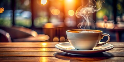 Fototapeta premium Warm Coffee Steam on a Wooden Table, Coffee, Caffeine, Warmth, Cafe