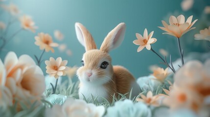 cute smiling baby rabbit in lush flower garden, baby animal nursery papercraft paper cut illustration	
