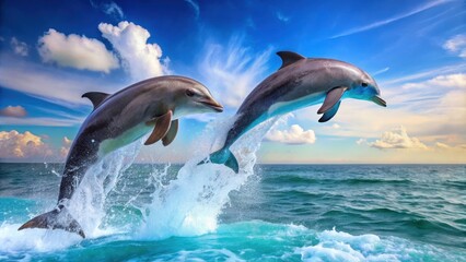 Obraz premium Two dolphins joyfully leaping out of the water , dolphins, marine life, ocean, aquatic animals, playful, wildlife, jumping