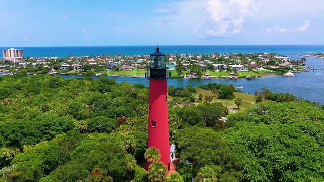 Jupiter Lighthouse aerial orbit in Jupiter Beach Florida. Palm Beach County. 