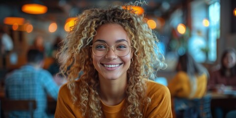 Smiling Woman with Curly Hair in a Cafe