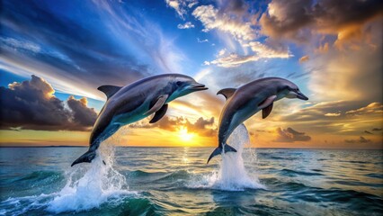 Two dolphins captured in mid-air as they jump in synchronization, dolphins, ocean, marine life, aquatic animals, water