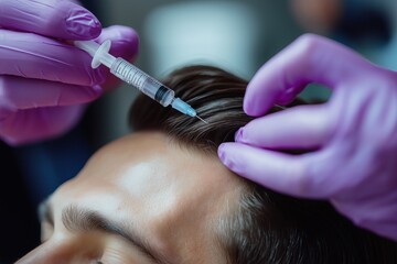 A male client receiving a scalp injection from a cosmetologist to stimulate hair growth