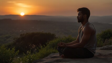 A person meditating in nature with the sunset casting a golden light