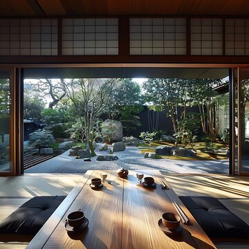  A Japanese tea house with tatami mats on the floor a low wooden table set for a tea ceremony and a tranquil garden visible through a sliding glass door - @Bilal (relaxed)