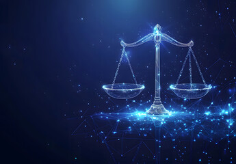 High-tech blue Digital justice scale surrounded by digital data on blue bokeh background, representing the role of AI in business justice design