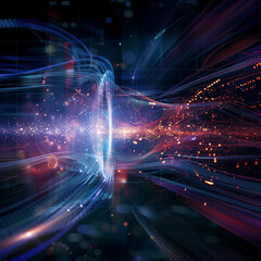 Abstract images illustrating the concept of quantum computing, quantum bits, and complex calculations. 