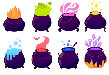 Cauldrons set of vector illustrations. Witch collection of Halloween kettle with potions. Witchcraft