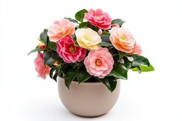 Fototapeta premium Colorful camellia flowers in the pot isolated on a white background - 