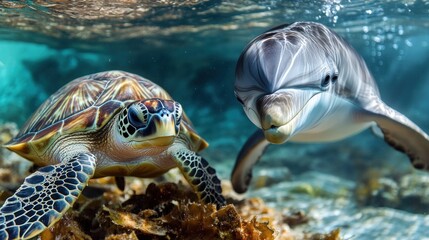 Obraz premium Beautiful turtles deep in the sea with beautiful dolphins and seaweed
