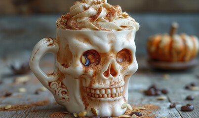 Pumpkin spice latte in glass mug with cinnamon, nutmeg, pumpkin seeds and whipped cream on brown texture wood. A glass of autumn coffee with pumpkin. A warming drink. Autumn concept.