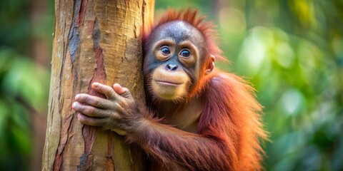 A Young Orangutan Leans Against a Tree Trunk, Portrait, Close-up, Borneo, Orangutan, wildlife, endangered