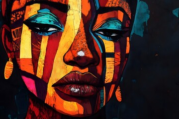 A sad woman's face depicted in bold African abstract art, with bright, vivid colors like deep reds, vibrant oranges, and striking yellows set against a dark, almost black background
