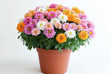 Colorful chrysanthemum flowers in the pot isolated on a white background