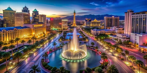 Fototapeta premium Aerial View of Illuminated Fountain and Skyline, Las Vegas , Nevada , Cityscape , Nighttime