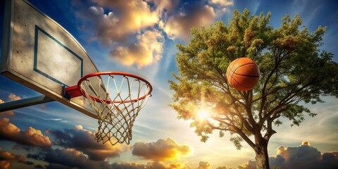 Basketball Stuck in a Tree at Sunset, Basketball hoop, sky, clouds , sports , nature