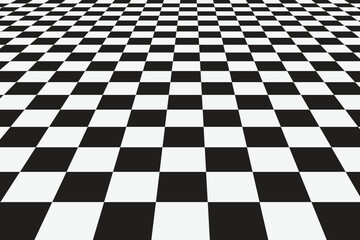 Graphic grid perspective chess background. Black silhouette on a white background.