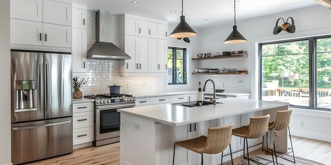 A minimalist kitchen with white cabinets subway tile backsplash and stainless steel appliances 