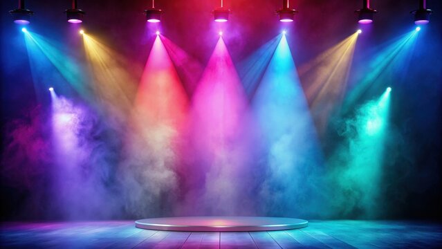 Colorful spotlights illuminate a foggy stage for a mysterious product display , colorful, spotlights, shine, foggy