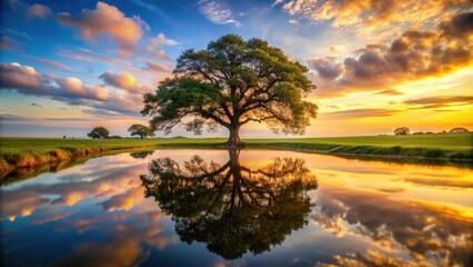 Obraz premium Majestic oak tree reflected in tranquil pond at sunset in serene countryside landscape, majestic, oak tree, reflected