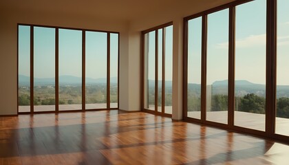 Obraz premium Empty interior room 3d illustration minimalist room with unfurnished parquet floor windows wooden and white wall 3d render 3d illustration 10