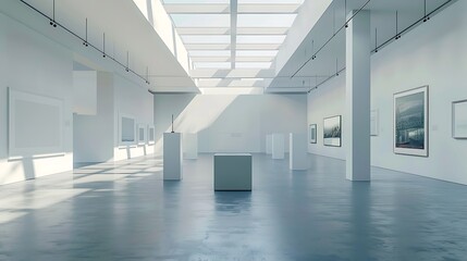 Obraz premium A modern art gallery with minimalist white walls contemporary artwork displayed on pedestals and natural light streaming through skylights 