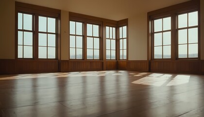 A spacious empty room with white walls and hardwood floors bathed in light 3