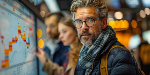Obraz premium Man in Glasses Looking at a Data Display