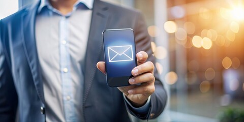 Businessman Holding Smartphone with Email Icon, Business , Communication , Technology , Email