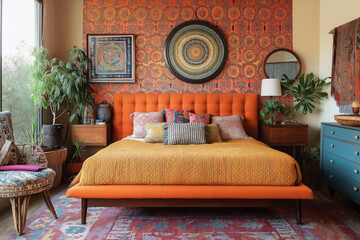 A vibrant bedroom with vibrant patterned wallpaper, a mid-century modern bed frame and vibrant textiles that add energy and warmth