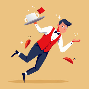 recommend clip art: Young waiter Dropping trays. Waiter falling down.