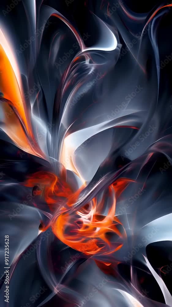 Poster video of intricate metallic and glass shapes intertwining with glowing orange highlights, creating d