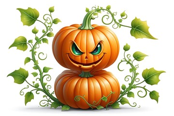 Halloween pumpkin with green leaves on white background. Illustration.