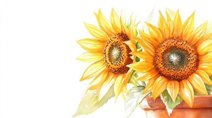 Obraz premium Two vibrant sunflowers in a terracotta pot against a flat background.