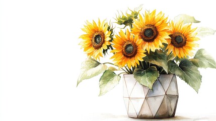 Obraz premium Watercolor painting of a bouquet of sunflowers in a geometric vase.