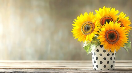 Cute watercolor sunflowers in a polka dot pot, perfect for summer and floral designs.