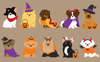 Simple and adorable Halloween illustrations of friendly small dogs flat colored