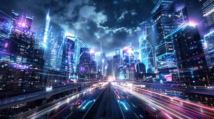 Fototapeta premium Futuristic Cityscape with Glowing Lines and Light Trails