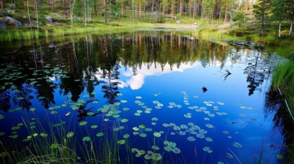 Obraz premium Pristine forest pond with clear blue water reflecting trees, floating lily pads, serene natural scene on a bright summer day, tranquil environment surrounded by greenery, peaceful moment in nature.